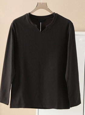 柜子329！小V字圆领黑色竖条提花肌理长袖T恤体恤上衣男