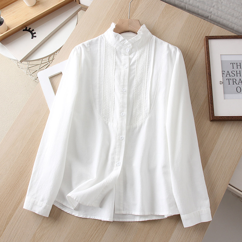 白色木耳荷叶边立领日系衬衫女长袖设计感蕾丝刺绣棉衬衣显瘦上衣,女装/女士精品,衬衫,淘宝优惠券,粉丝福利购,淘宝优惠卷