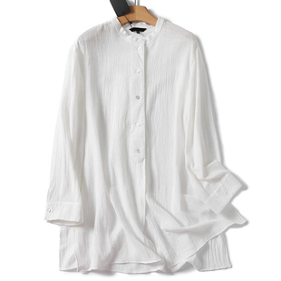 女装秋季冷清白噪风禅意亚麻中长款圆领长袖衬衫女设计感显瘦上衣