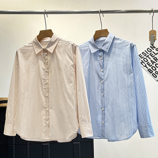 空调衫 春夏秋女装 薄外套 衬衫 休闲百搭通勤纯棉条纹尖领单排扣长袖