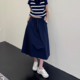 胖mm高腰遮胯显瘦工装 藏青色拼接半身裙女新款 中长裙大码 a字伞裙