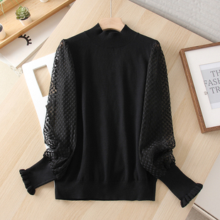 法国单~温婉女人味!羊毛半高领网纱长袖针织衫上衣女秋季打底衫