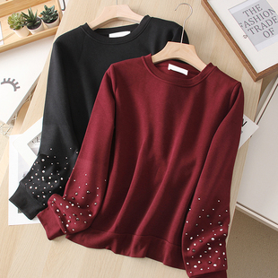 2025秋季新款!百搭订珠 休闲常规通勤圆领长袖抓绒 女红色卫衣