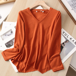 外贸女装2025早秋款百搭纯色休闲V领套头不规则上衣长袖T恤打底衫