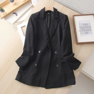 中长款 外套女装 西服 高级感春夏通勤休闲宽松双排扣黑西装 走老美