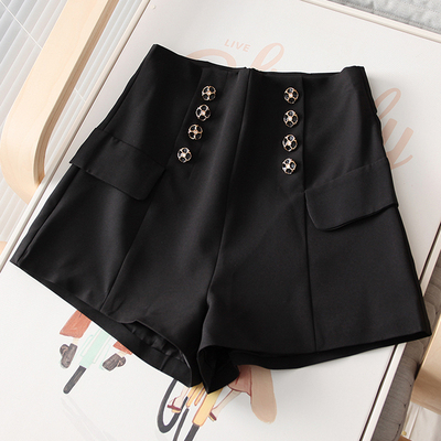 纯色双排纽扣饰高腰显瘦修身阔腿裤秋冬新款百搭女休闲裤短裤子