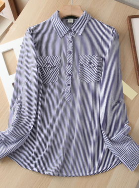 美国单！DP24美金！时尚蓝条纹半开襟套头翻领长袖衬衫衬衣女春季