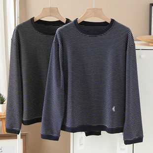 韩系复古撞色条纹刺绣T恤打底衫女春秋垂感慵懒纯棉百搭长袖上衣