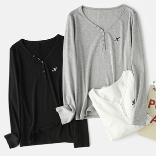 柔软细腻有弹性纽扣刺绣磨毛打底衫V领外穿上衣长袖T恤女秋冬新款