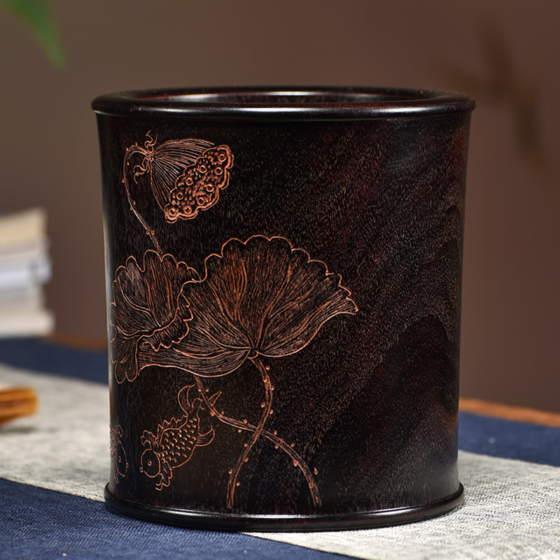 紫檀木鱼戏莲池子母笔筒红木血檀小叶紫檀办公桌面装饰摆件礼盒装