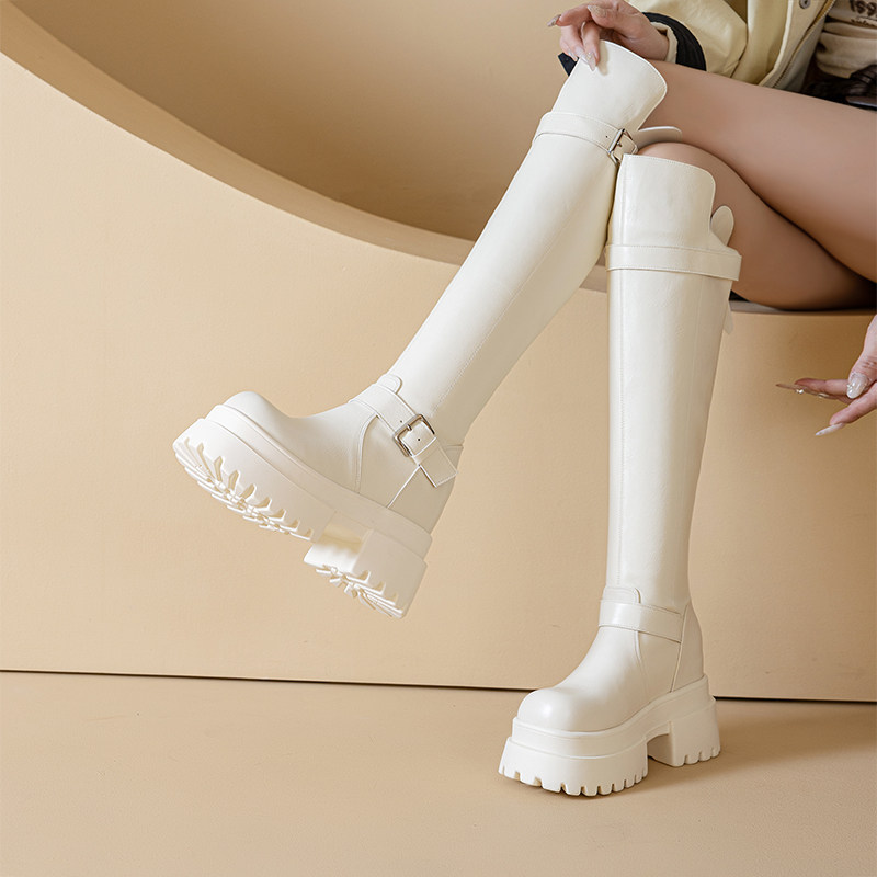 真皮过膝马丁靴粗跟10厘米长筒靴女皮面厚底小个骑行靴时装骑士靴