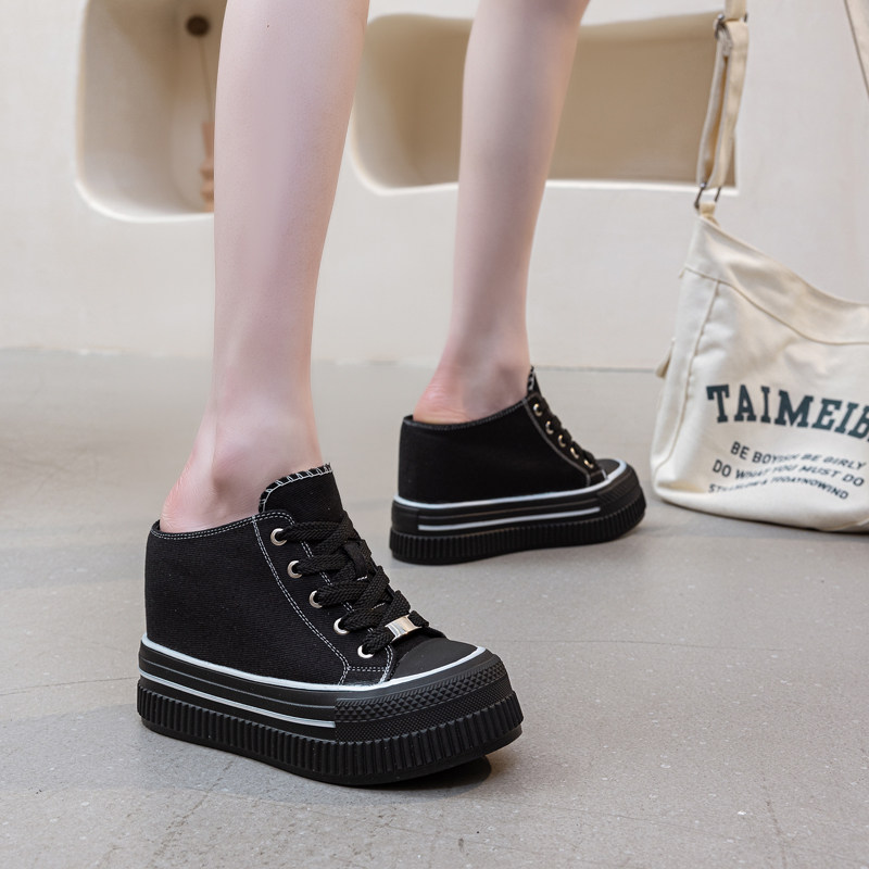 包头半拖女鞋内增高帆布鞋14cm超高跟小个子百搭一脚蹬休闲松糕鞋