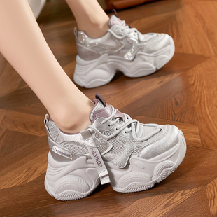 真皮网面老爹鞋女厚底8厘米2026新款水钻增高时尚休闲运动松糕鞋