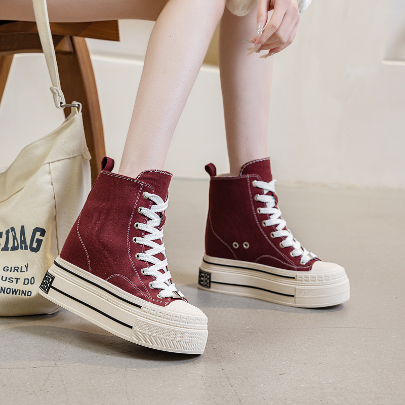 内增高女鞋12cm超高跟厚底高帮帆布鞋百搭显高春季小个子休闲板鞋