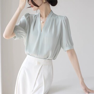 古蒂歌法式短袖衬衫女2026春季新款缎面垂感职业小众气质时尚小衫
