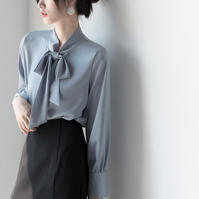 古蒂歌高档缎面蝴蝶结飘带衬衫2025春秋新款长袖职场装外穿女衬衣