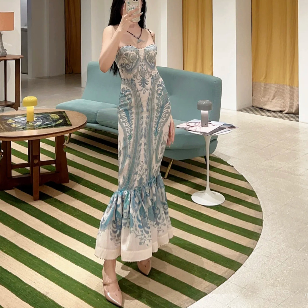 balla高品质蓝色复古印花丝麻佩斯利花纹吊带鱼尾礼服连衣裙女