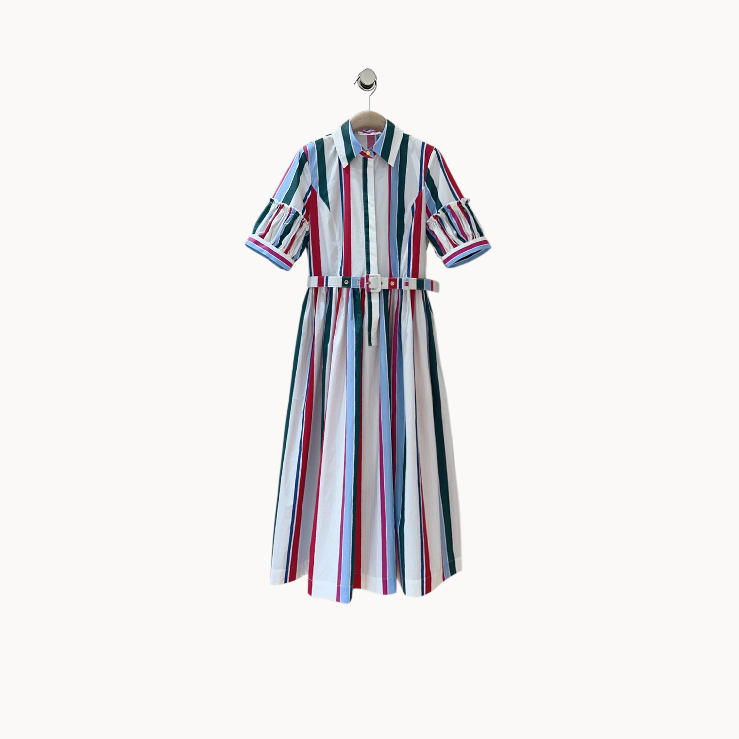 balla高品质棉质彩色色织条纹翻领短袖开襟衬衫式连衣裙女