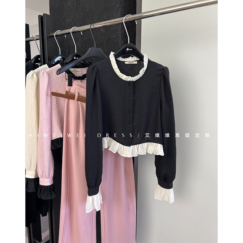 特价！小众设计师】重磅推荐！法式气质甜美荷叶边撞色上衣衬衫