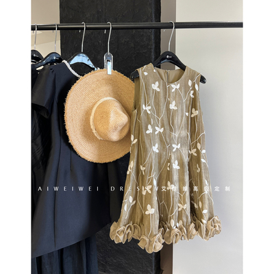 小众设计买手款/重工刺绣叶子提花 立体花朵下摆 名媛无袖连衣裙