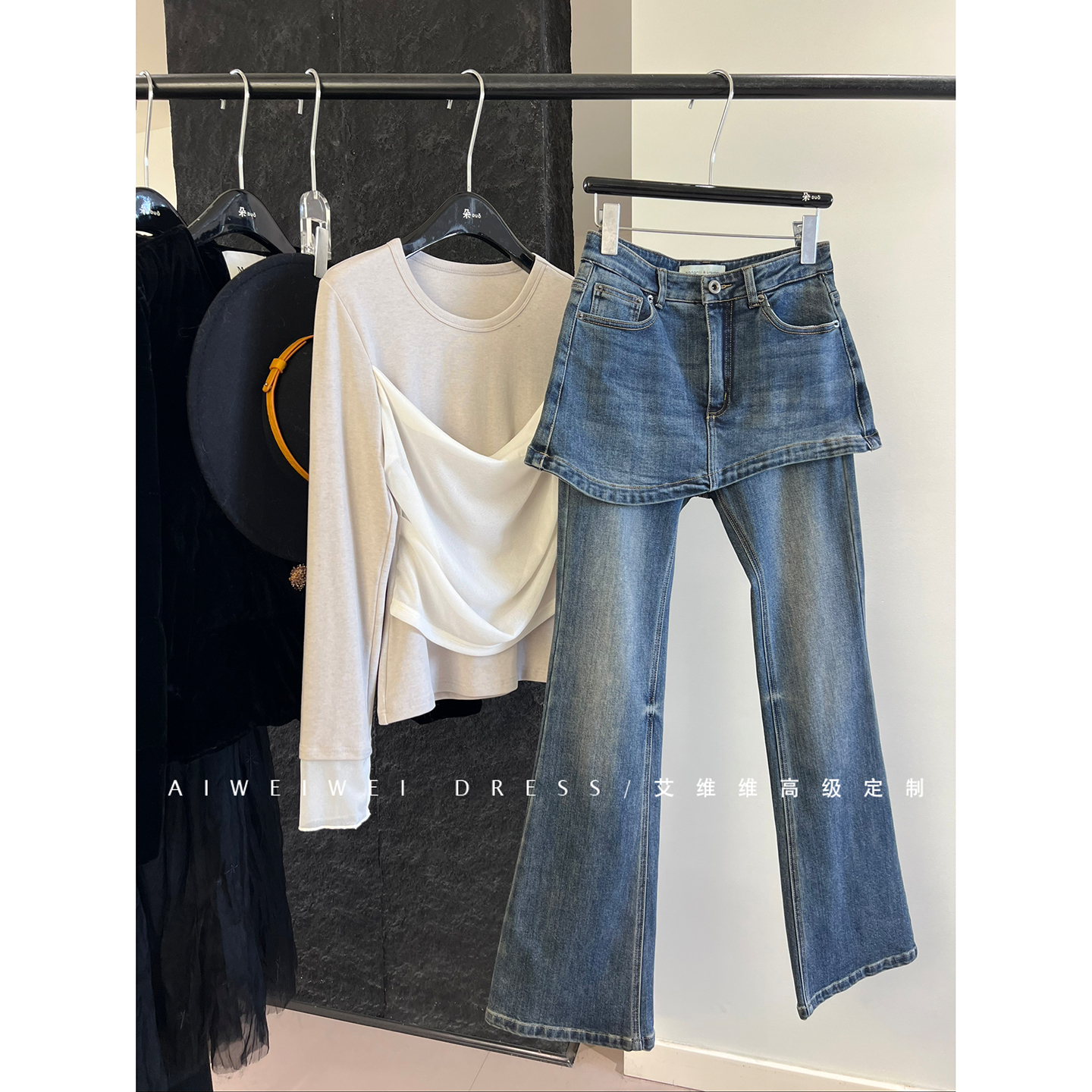 【内里抓绒】小众设计师假两件 复古时髦微喇叭牛仔裤女冬季新款