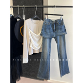内里抓绒 小众设计师假两件 复古时髦微喇叭牛仔裤 女冬季 新款