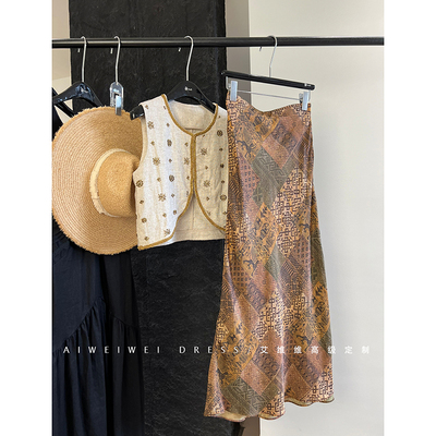 特价！真丝印花」复古开叉鱼尾下摆 轻盈舒适显高显瘦中长半身裙