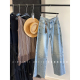 女春夏新款 时髦捡摆洗水蓝直筒裤 小众设计 重工铆钉挂坠牛仔裤