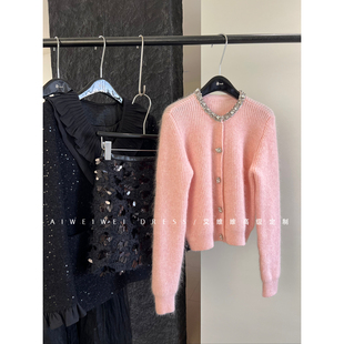 特价捡漏！！钉珠镶钻领口轻奢樱花粉 小香风打底单穿针织衫毛衣
