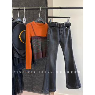 立裁微喇叭弹力显瘦牛仔裤 小众设计师 女冬 内里加绒 超模神裤