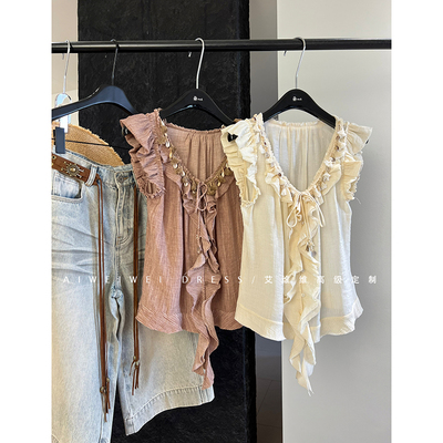 特价！西风/小众设计师 重工串珠流苏 度假荷叶边V领飞袖小衫上衣