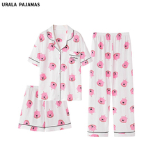 Urala pajamas韩国loopy露比睡衣女夏季纯棉短袖长裤三件套家居服