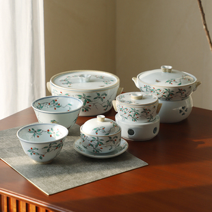 粉彩花卉陶瓷餐具吃饭碗面碗家用高足果盘汤盅用保温大汤锅