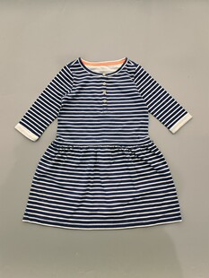 清货 韩国童装外贸出口女童纯棉针织蓝色条纹七分袖儿童连衣裙