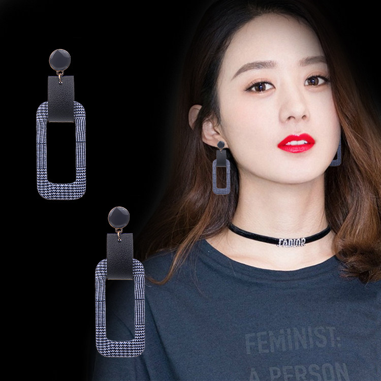 新款韩版个性长方形千鸟格耳环女韩国百搭布艺镂空几何时尚PU耳钉