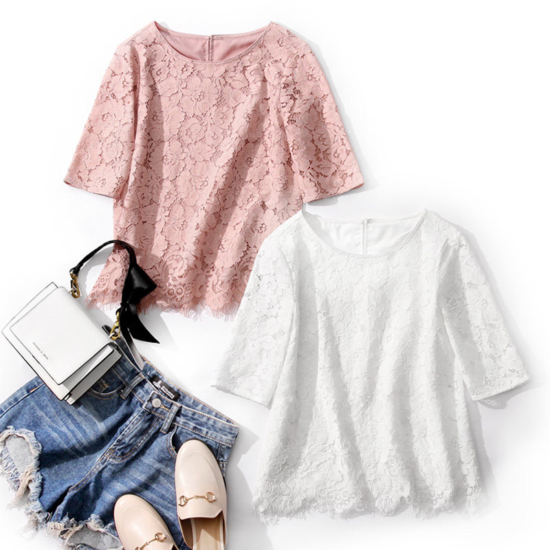 镂空2019夏季新款女装蕾丝打底衫上衣女套头宽松百搭圆领洋气小衫在类目 女装/女士精品, 蕾丝衫/雪纺衫中 - 来自Buy2taobao.com提供专业的淘宝代购服务