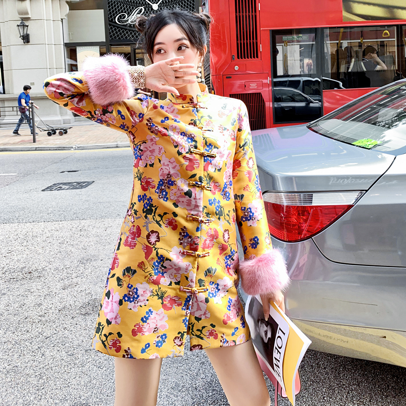 Quilted cheongsam, long winter jacket, Chinese style, mid-length, 2020, A-line Quilted cheongsam, long winter jacket, Chinese style, mid-length, 2020, A-line