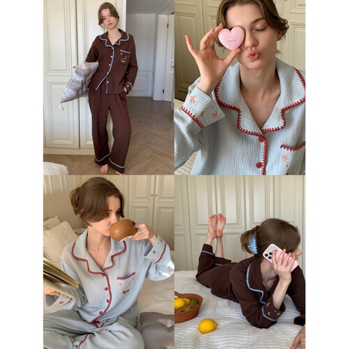 柔软刺绣双层棉纱家居服睡衣套装