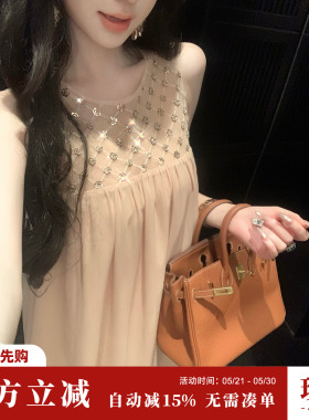 Sun雅乔【碎金浮月】夏季千金风重工珠片拼接雪纺A字连衣裙长裙子