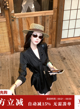 Sun雅乔【墨色流风】高级垂坠感缎面黑色衬衫女长袖