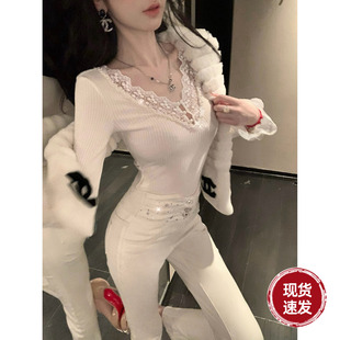 显瘦小脚裤 Sun雅乔 女高腰修身 白色烫钻加绒牛仔裤 子 秋冬新款