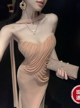 Sun雅乔【维纳斯】夏季抹胸裙手工抽褶弹力网纱挂脖飘带连衣裙