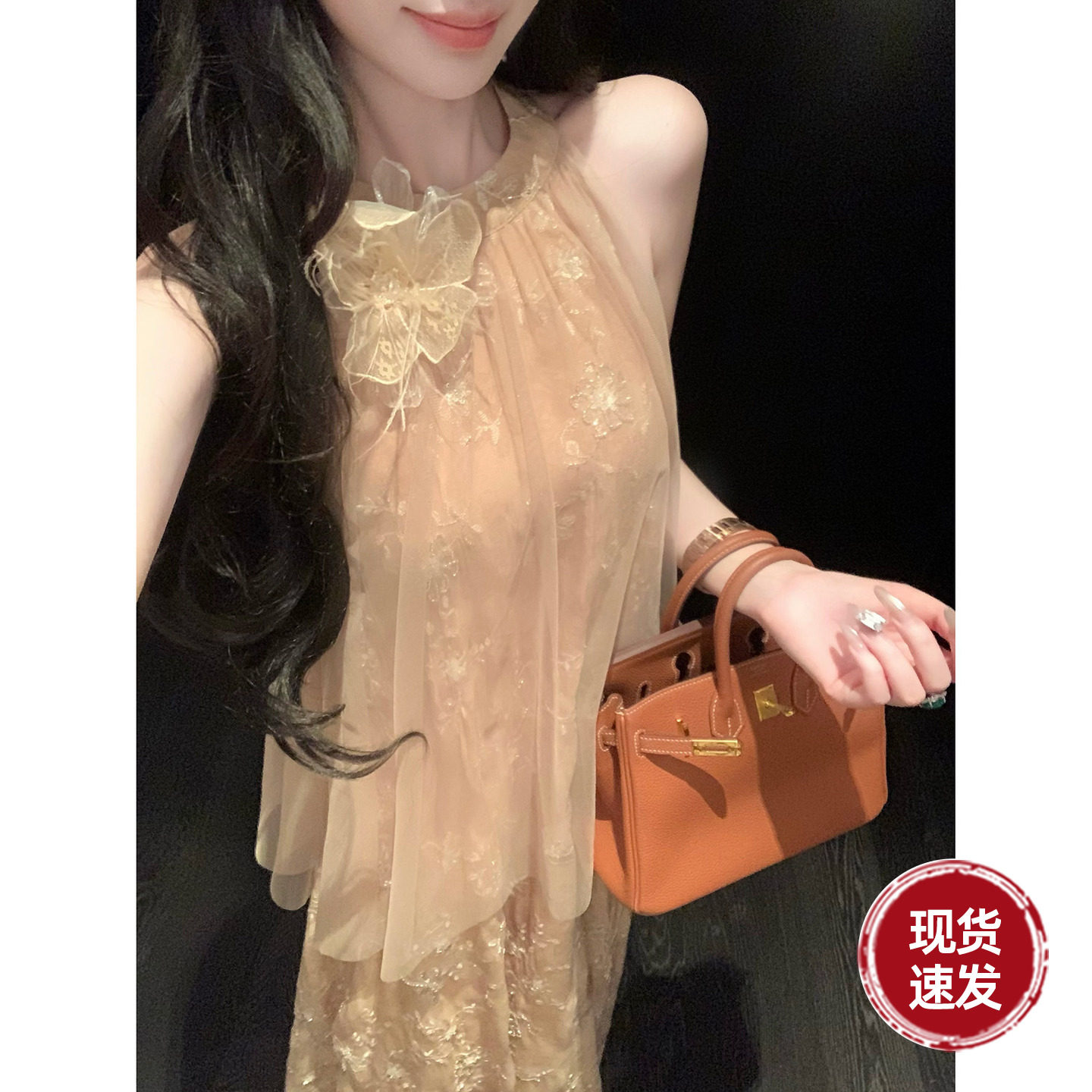 Sun雅乔【花影双生】夏季氛围感高级感珠片绣花网纱连衣裙长裙子