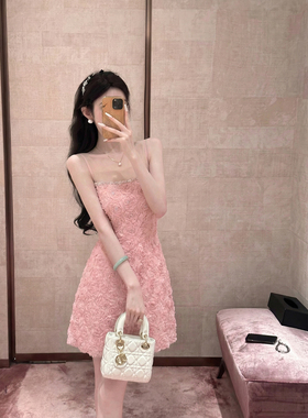 Sun雅乔【泡泡玫瑰】夏季甜美风吊带裙粉色玫瑰轻奢A字修身短裙