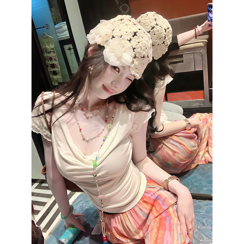 Sun雅乔【云朵小衫】莱赛尔醋酸真丝混纺T恤小飞袖荡领T恤上衣女