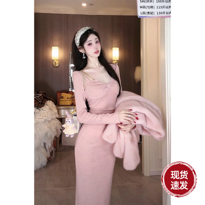 Sun雅乔【三千金长款】春冬新款百搭打底V领纯欲收腰长袖连衣裙子