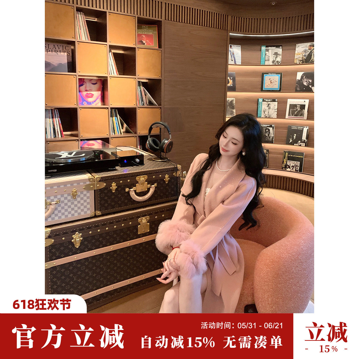 Sun雅乔【半岛弥音】冬季双面手工袖口狐狸毛羊毛呢大衣长外套女