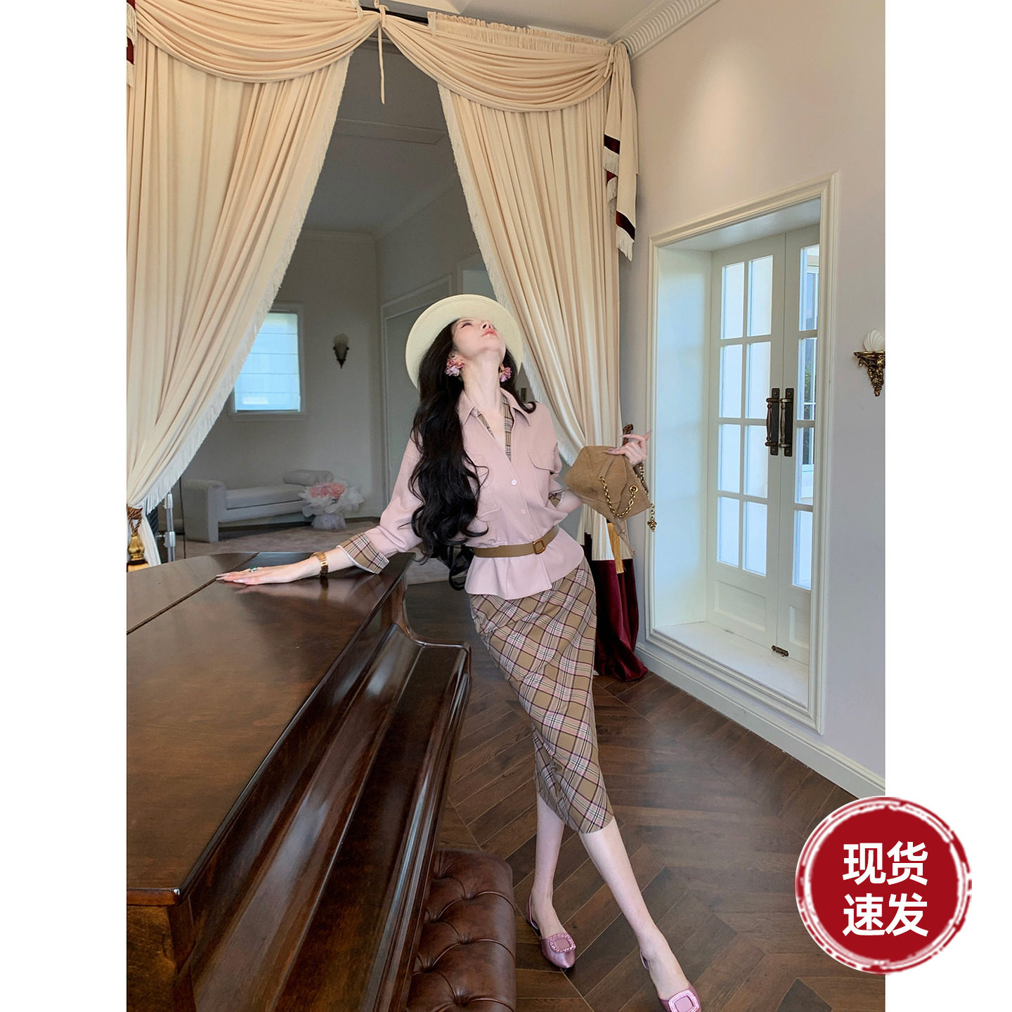 Sun雅乔 秋冬英伦风复古格子后开衩气质高腰中长款直筒半身裙女