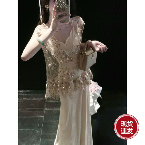 Sun雅乔【浮光跃金】夏高级感V领重工亮片绣花罩衫女宽松背心上衣