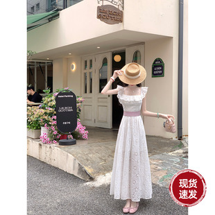 甜美方领荷叶边绣花全棉长款 Sun雅乔 韩版 夏季 连衣裙 一诺倾情